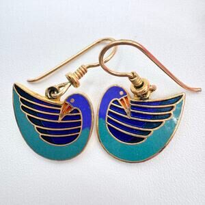 Vintage Laurel Burch Blue Bird Cloisonné Dangle Earrings Designer Signed